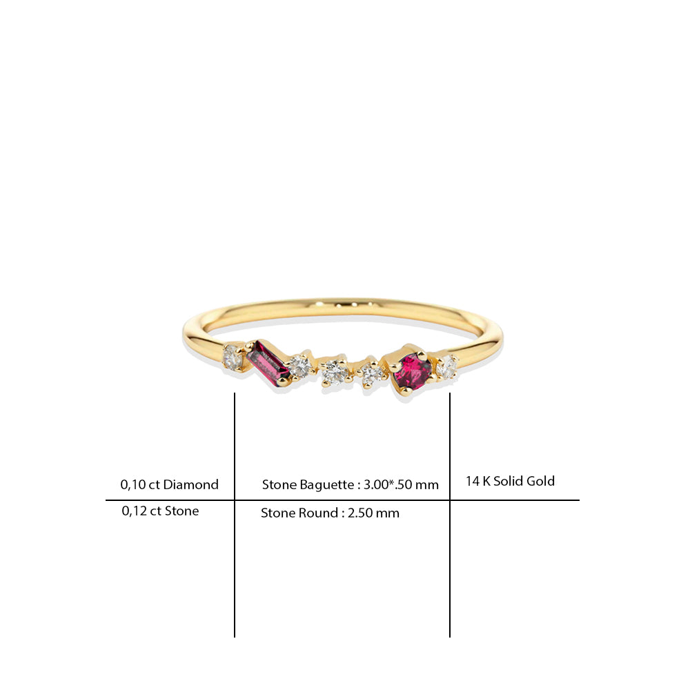 14K Gold Ruby Baguette Ring / Diamond Accent Cluster