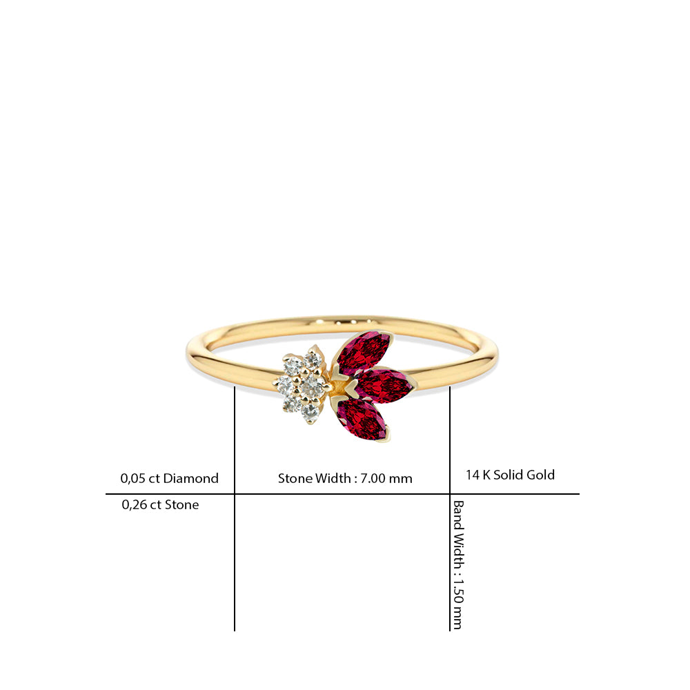 14K Gold Diamond Ruby Leaf Ring