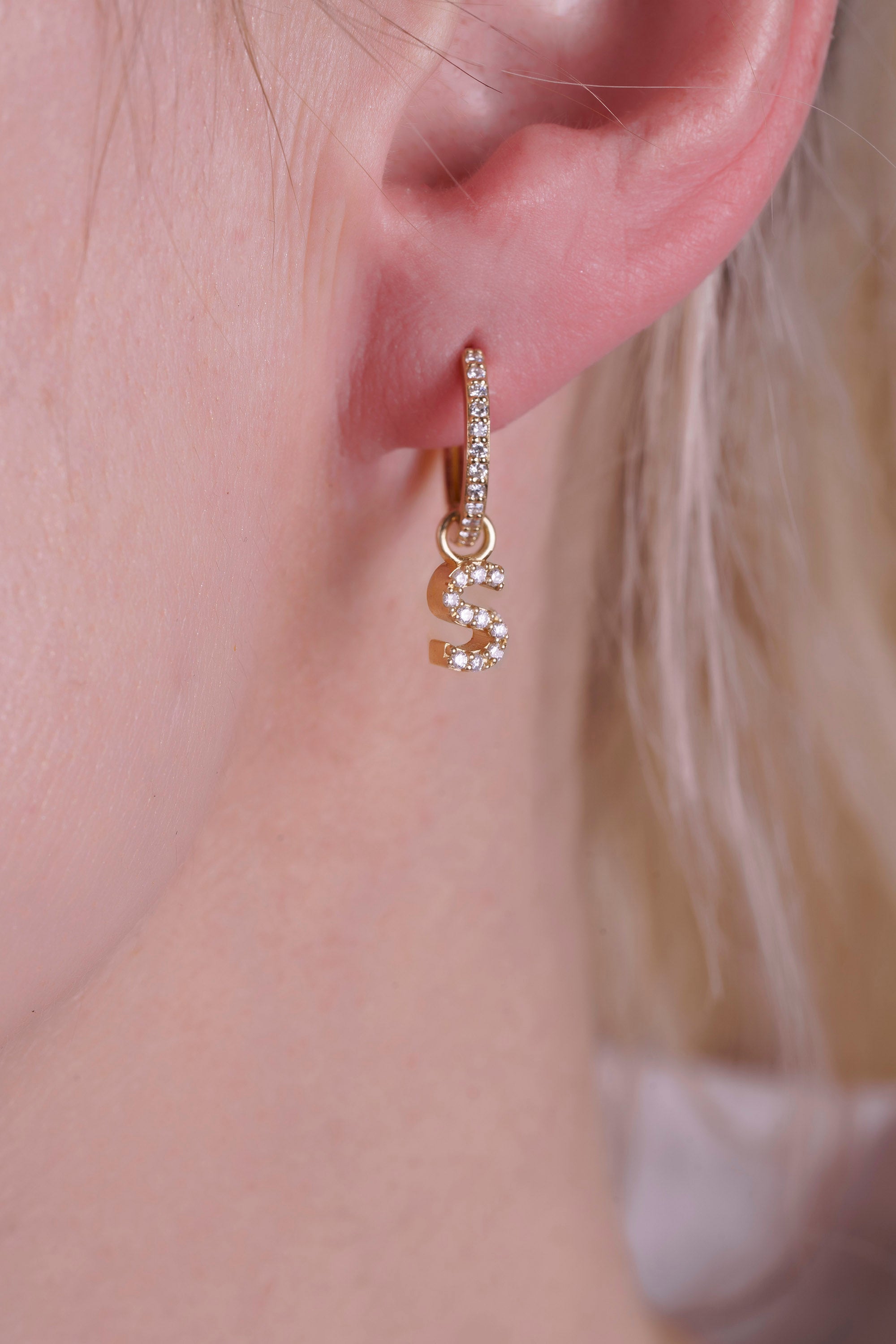 14K Gold Diamond Initial Hoop Earrings / Natural Diamond Letter Huggie Earring
