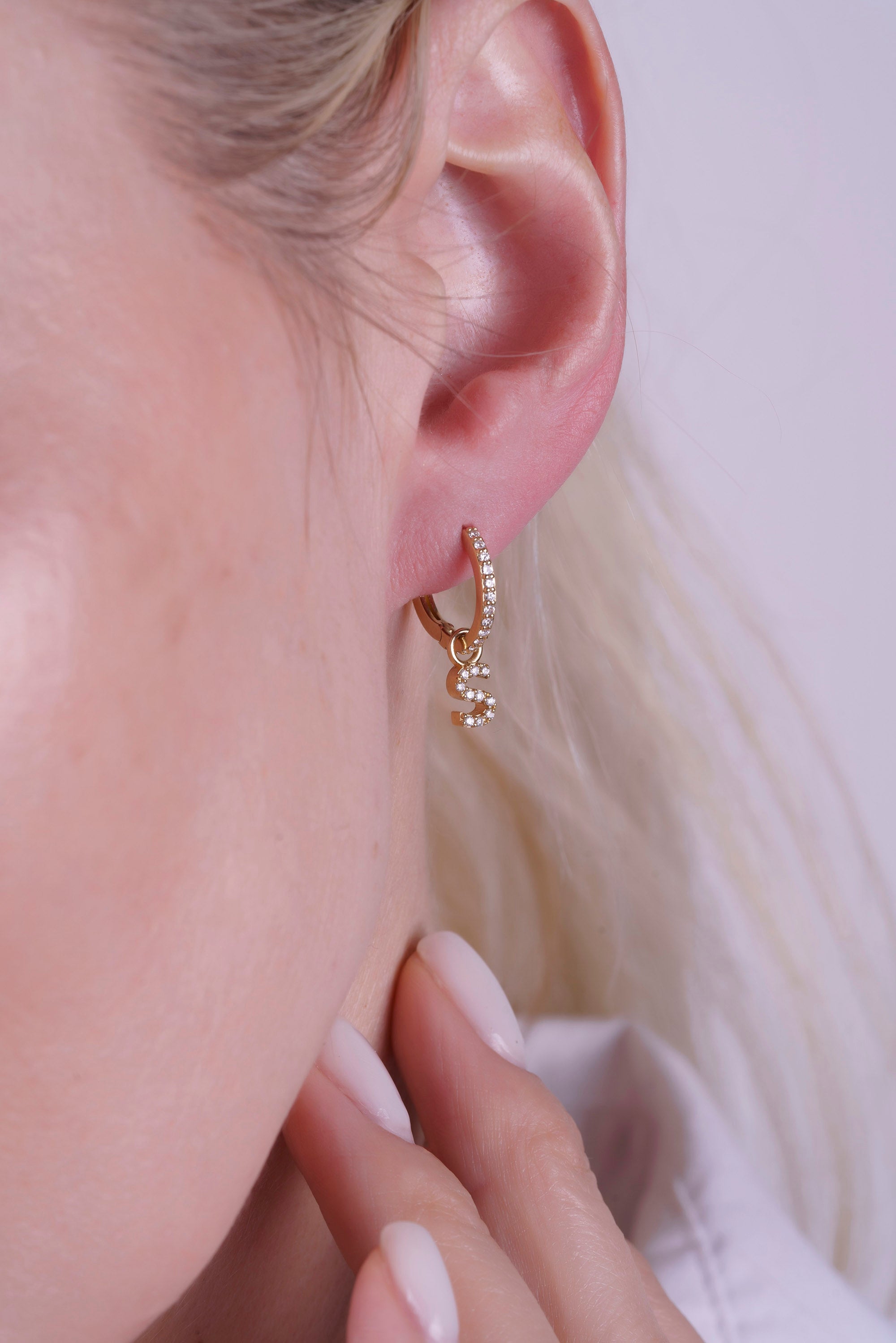 14K Gold Diamond Initial Hoop Earrings / Natural Diamond Letter Huggie Earring