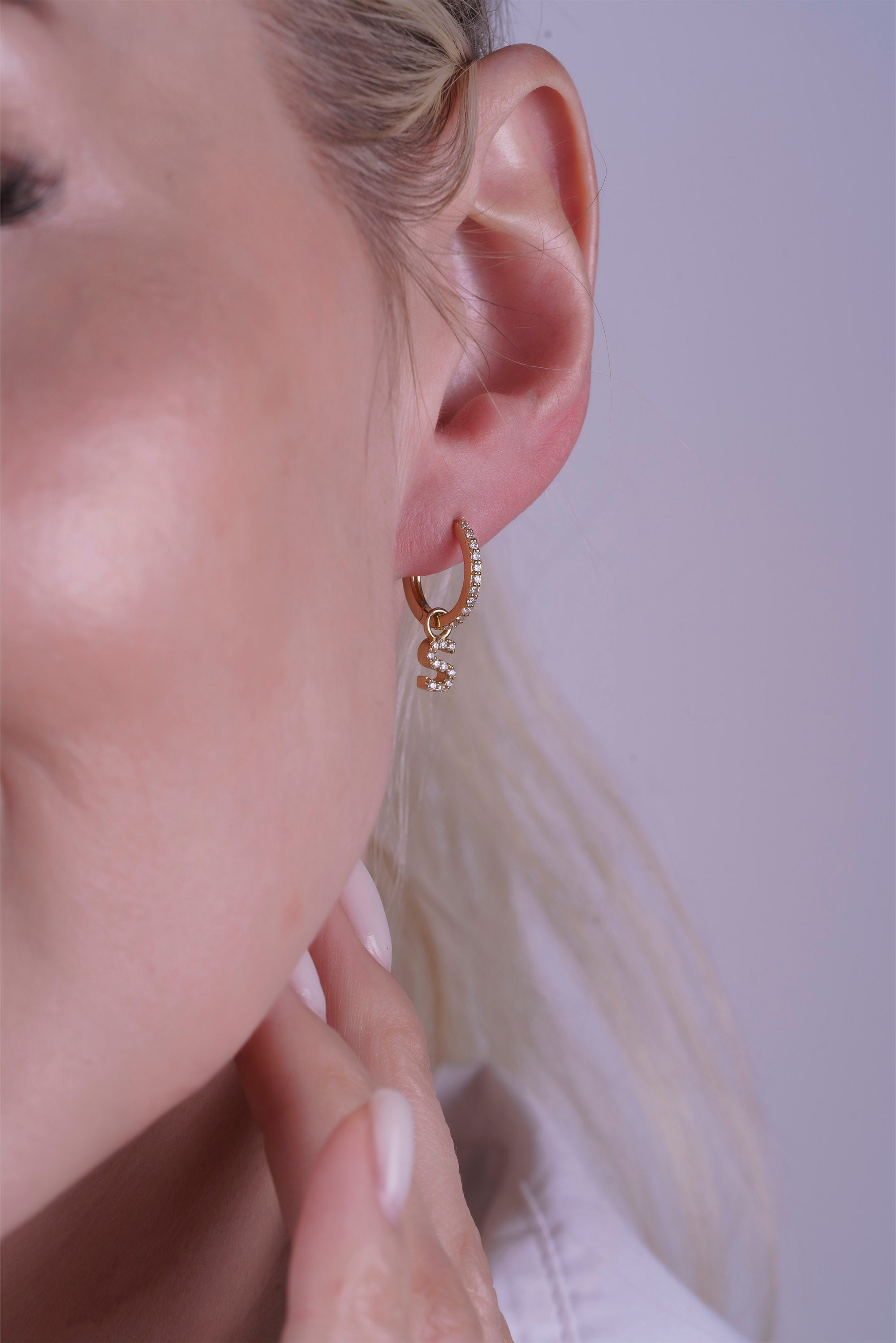 14K Gold Diamond Initial Hoop Earrings / Natural Diamond Letter Huggie Earring
