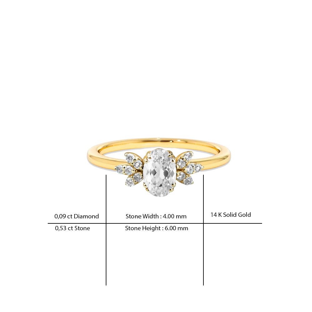 14K Gold White Sapphire Ring / Diamond Leaf Accents