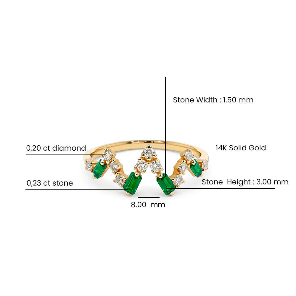 Gold Diamond Emerald Color V Shape Ring, 14K Solid Gold Emerald Ring