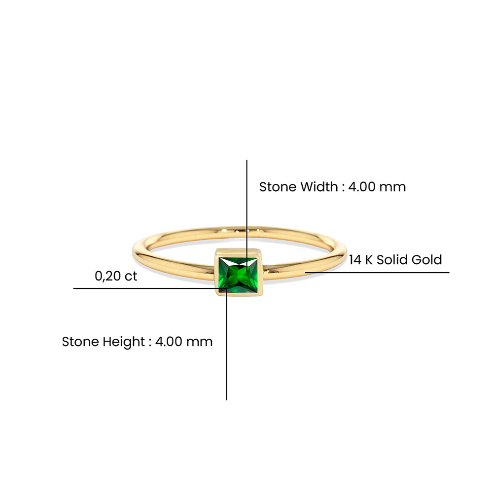 14K Gold Square Cut Solitaire Emerald Color Ring