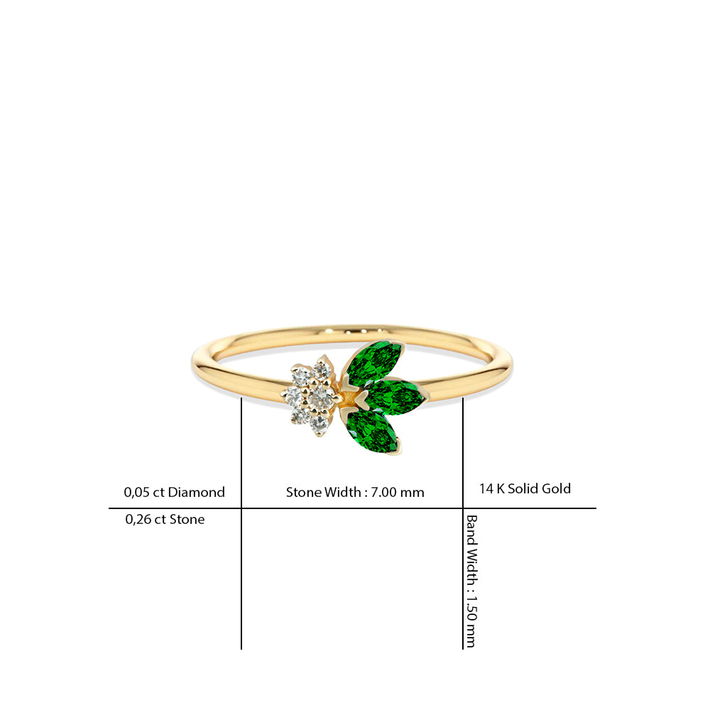 14K Gold Emerald Leaf Ring / Diamond Wedding Ring